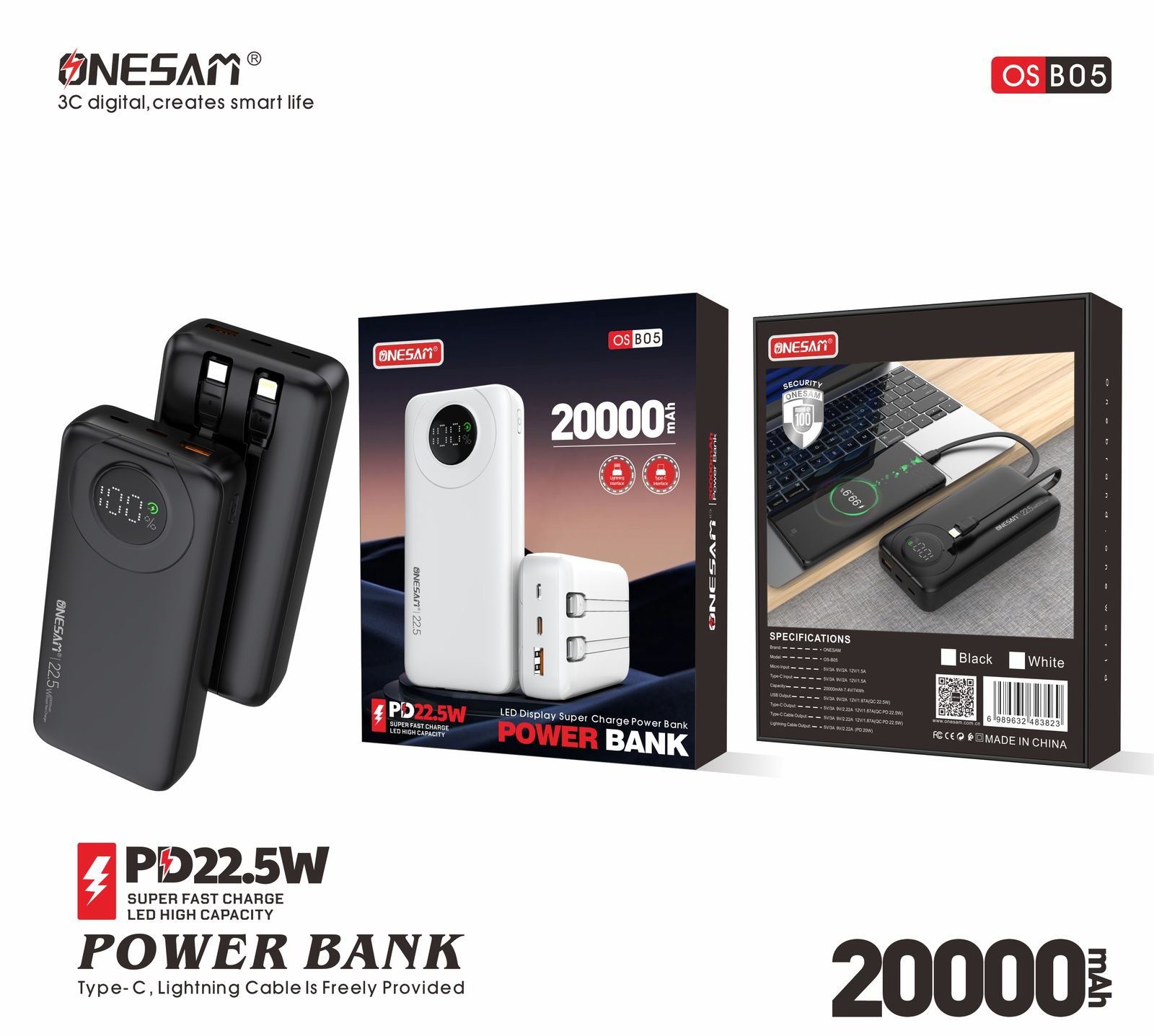 B05-6.jpg Onesam Powerbank 20000 mAh PD 22.5W usb A + usb C (OS-B05) - Image 1