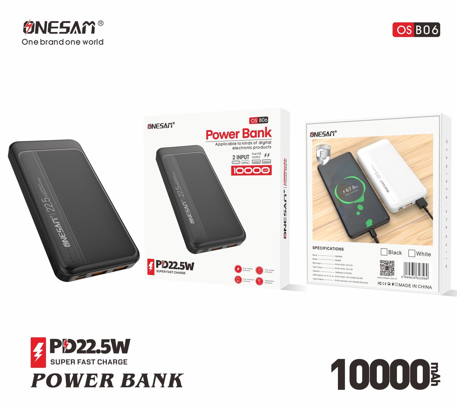 B06-4.jpg Onesam Powerbank 10000mAh dual USB output 22.5W (OS-B06) - Image 1