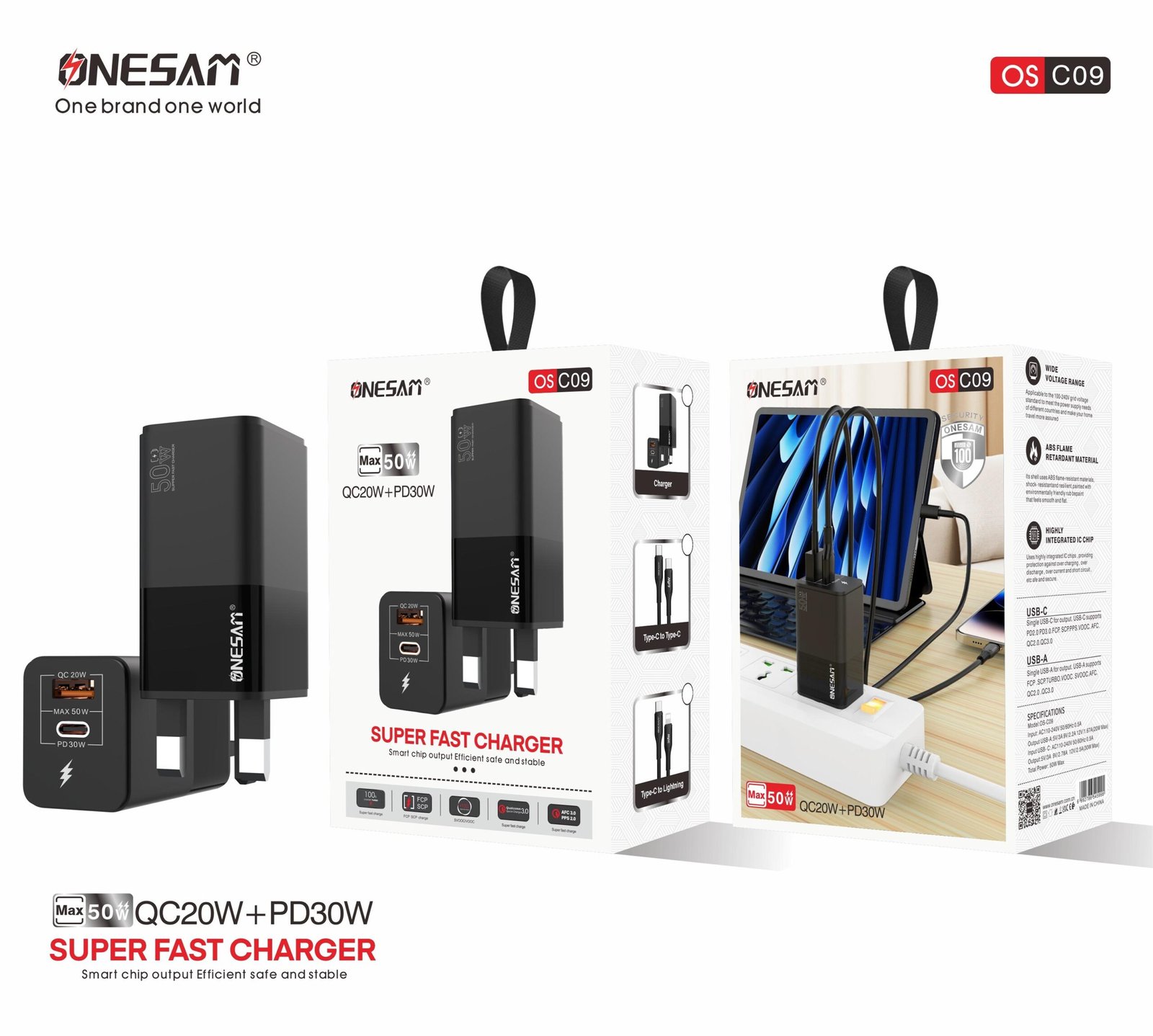 C09-1-scaled-1.jpg Onesam Home charger USB +PD QC20W + PD 30W Max 50W (OS-C09) - Image 2