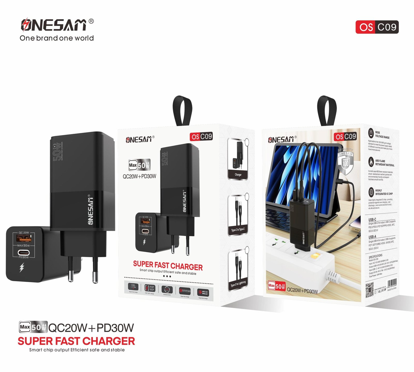 C09-2-scaled-1.jpg Onesam Home charger USB +PD QC20W + PD 30W Max 50W (OS-C09) - Image 3