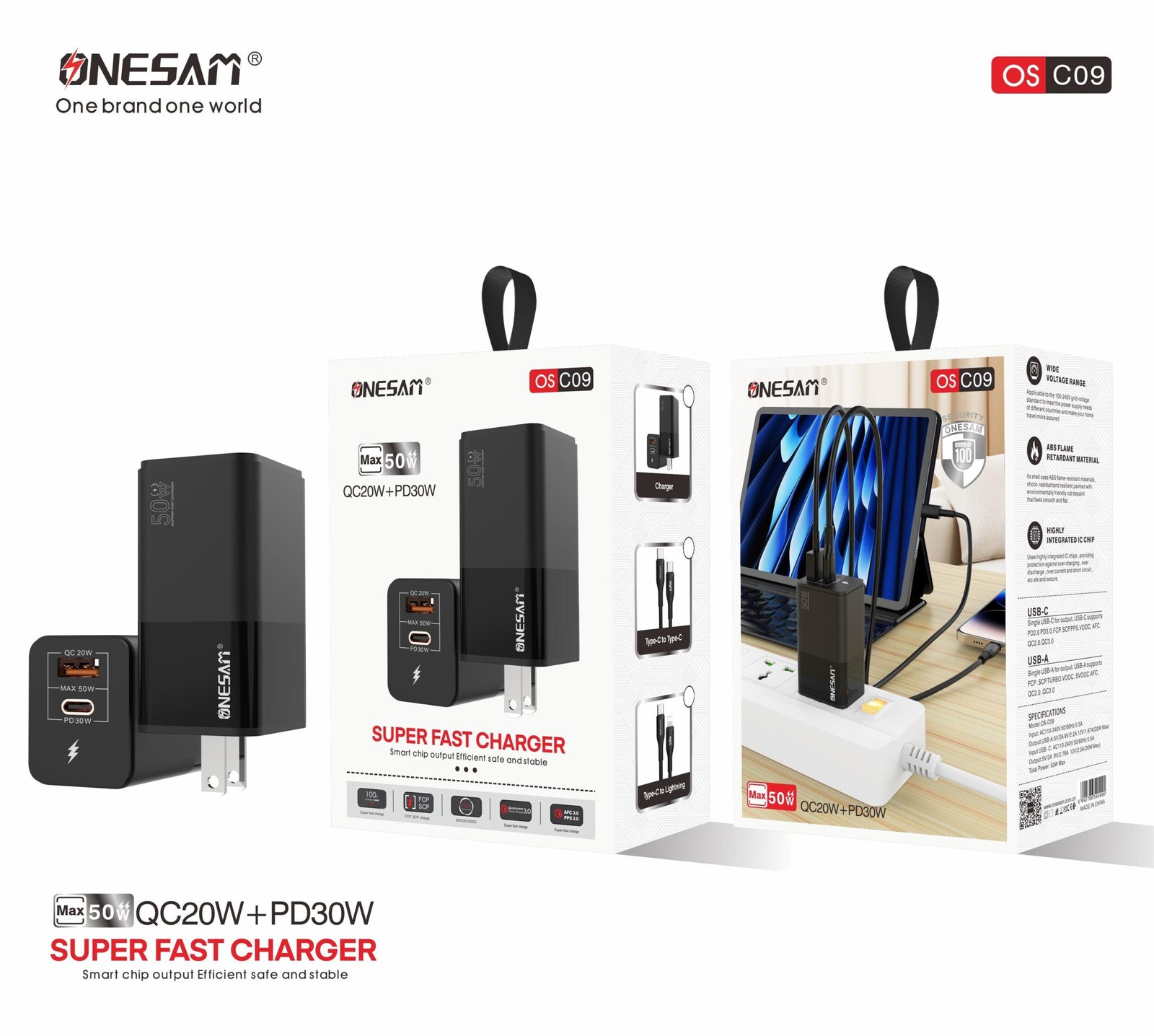 C09-3-scaled-1.jpg Onesam Home charger USB +PD QC20W + PD 30W Max 50W (OS-C09) - Image 4