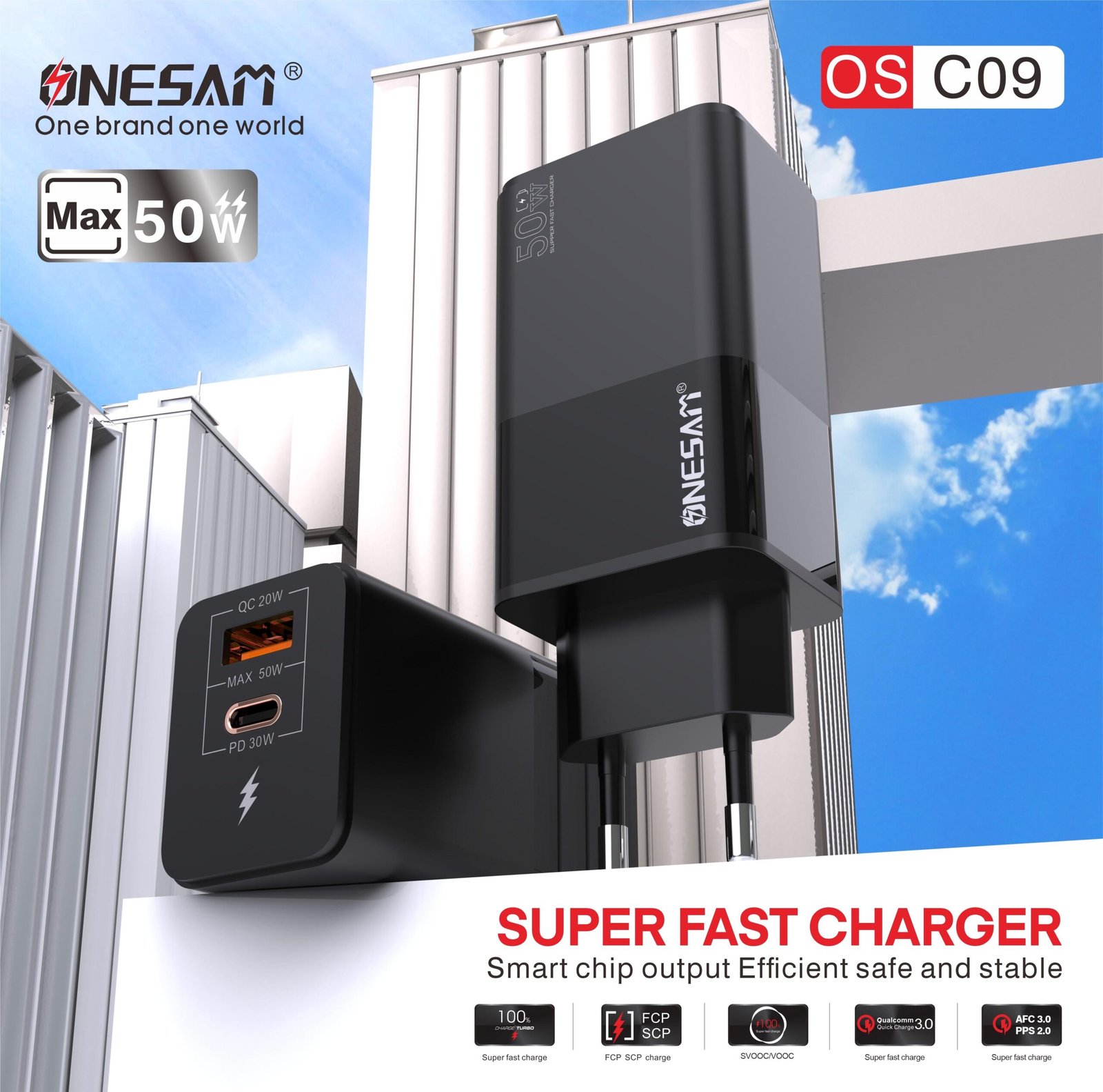 C09-4-scaled-1.jpg Onesam Home charger USB +PD QC20W + PD 30W Max 50W (OS-C09) - Image 1