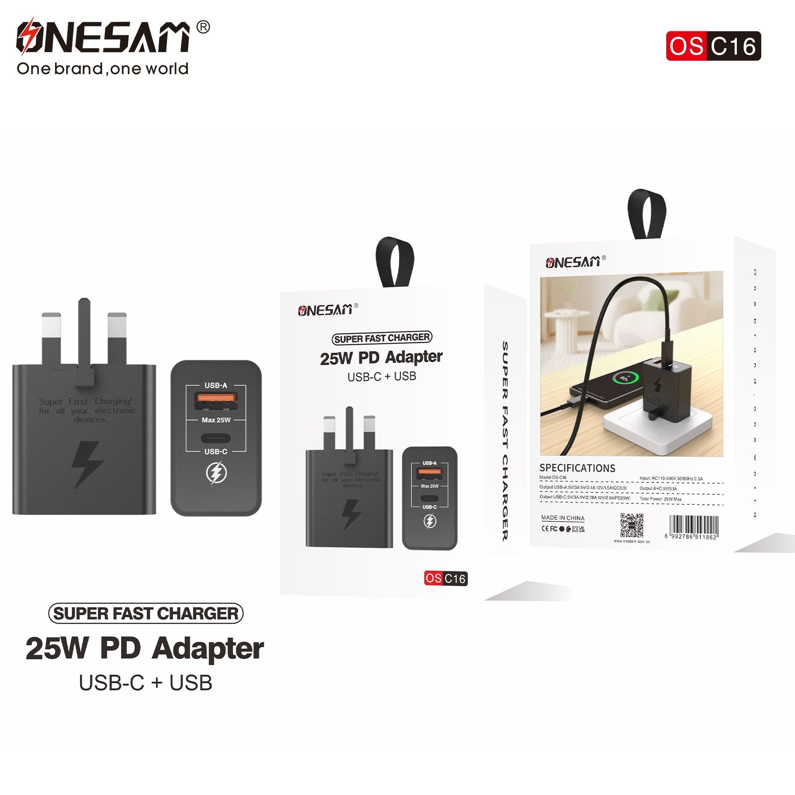 C16-1.jpg Onesam Super fast charger 25W PD (USB C + USB) (OS-CY16) - Image 1