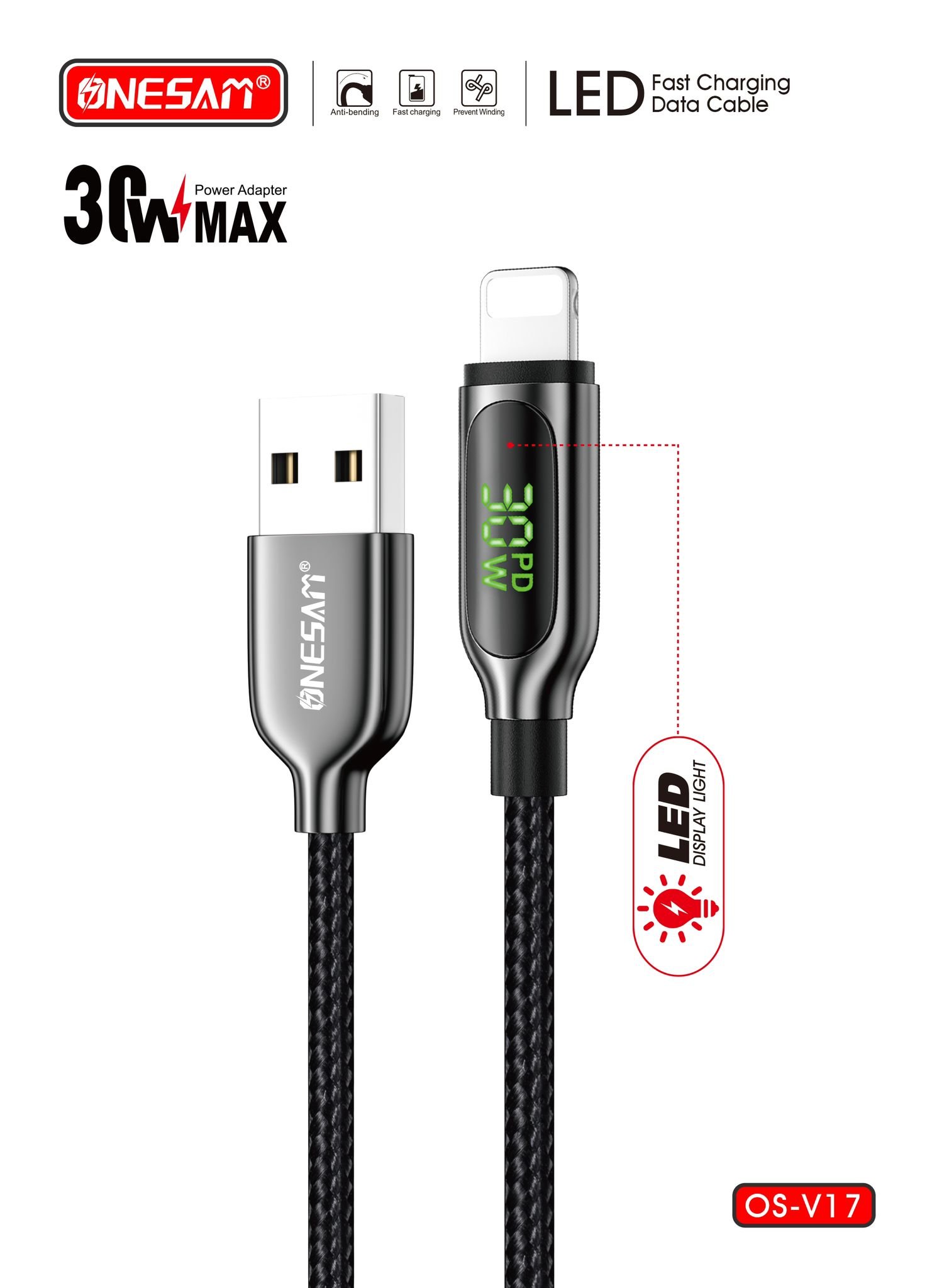 OSV17-2.jpeg Onesam 30W Super fast charger Lightening Cable (OS-V17) - Image 1